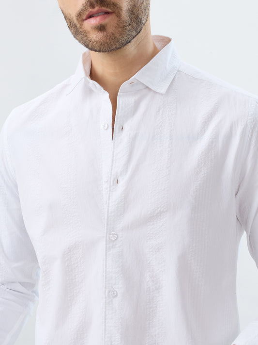 Minimalist Pure White Fine Line Seersucker Stripe Shirt