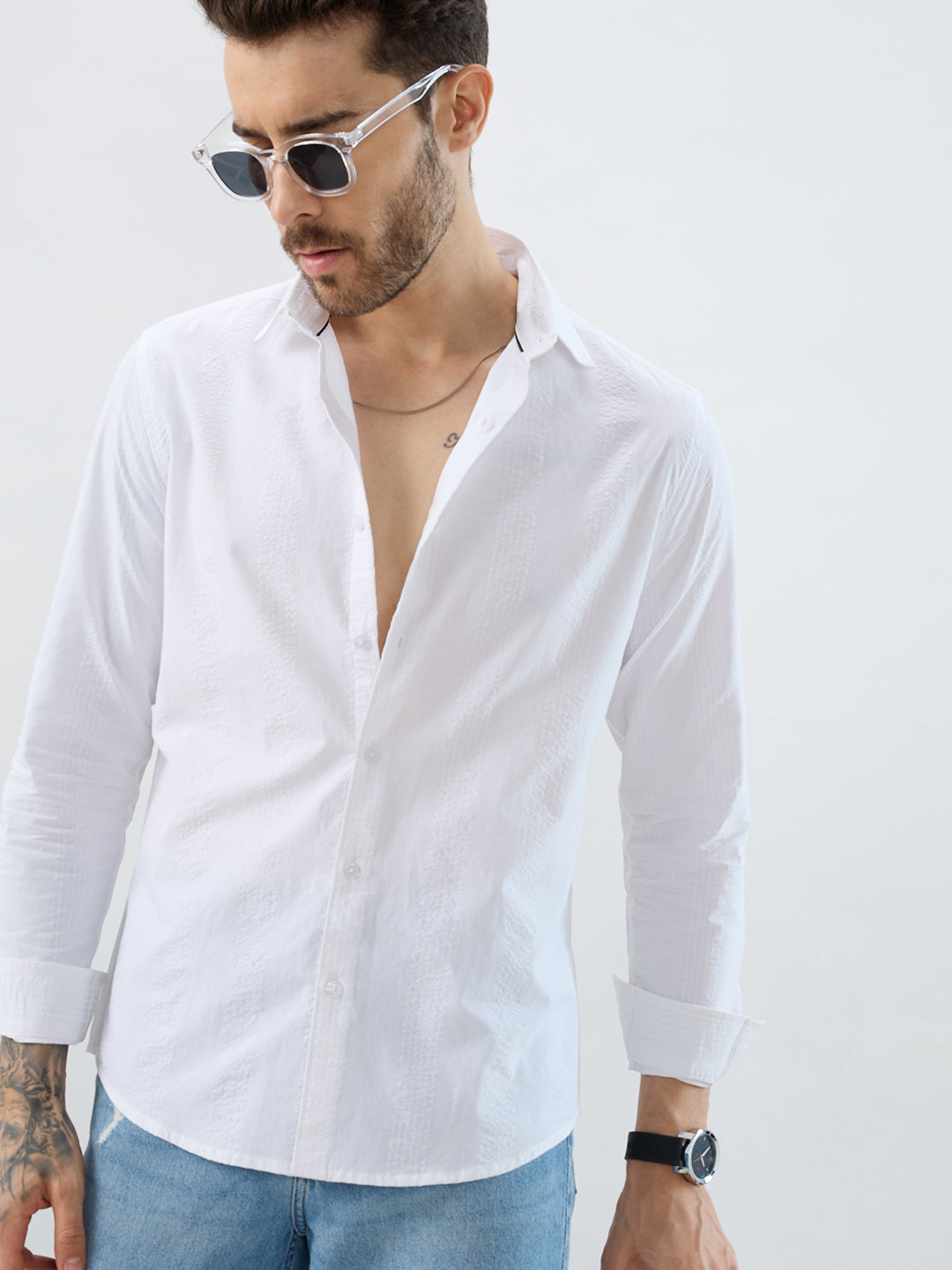 Minimalist Pure White Fine Line Seersucker Stripe Shirt