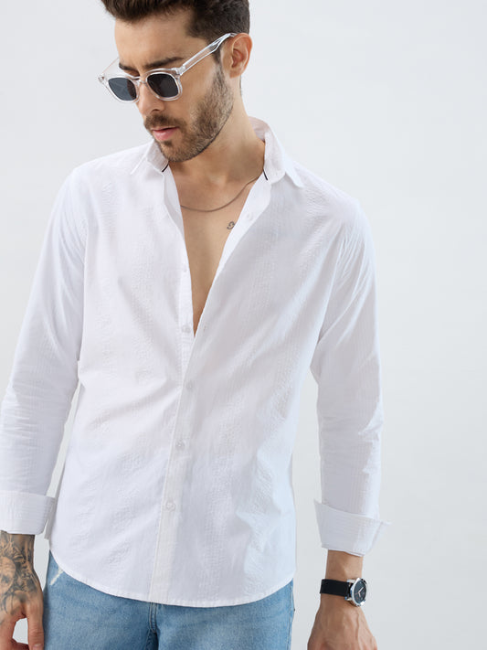 Minimalist Pure White Fine Line Seersucker Stripe Shirt