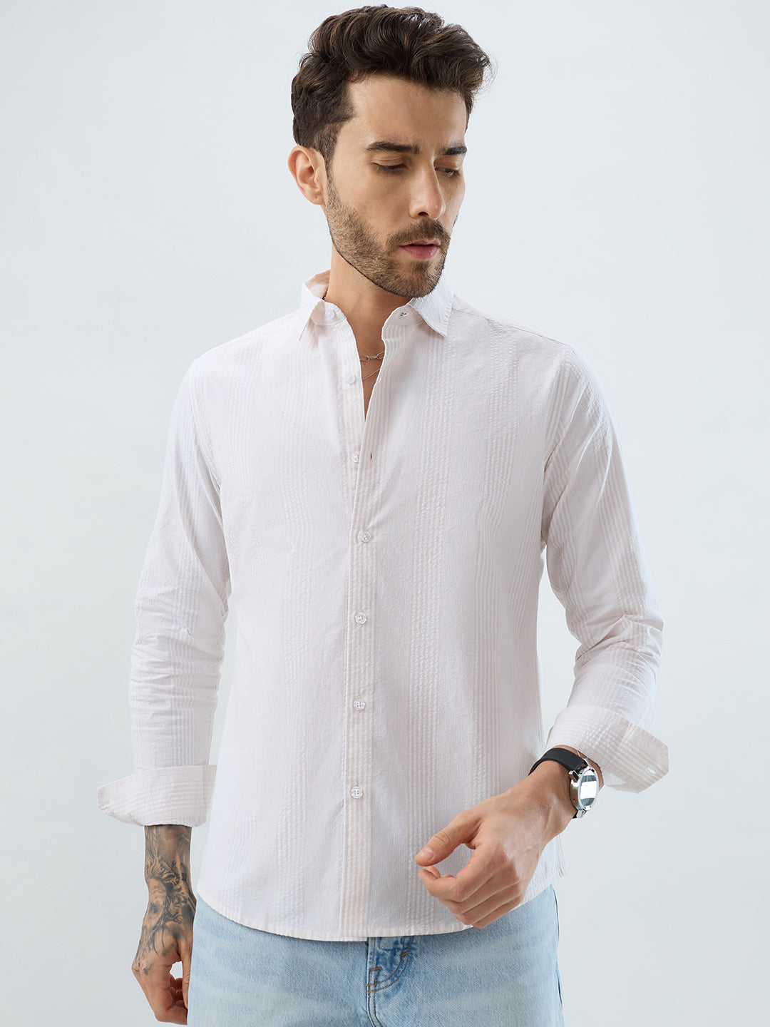 Contemporary Beige Fine Line Seersucker Executive Shirt