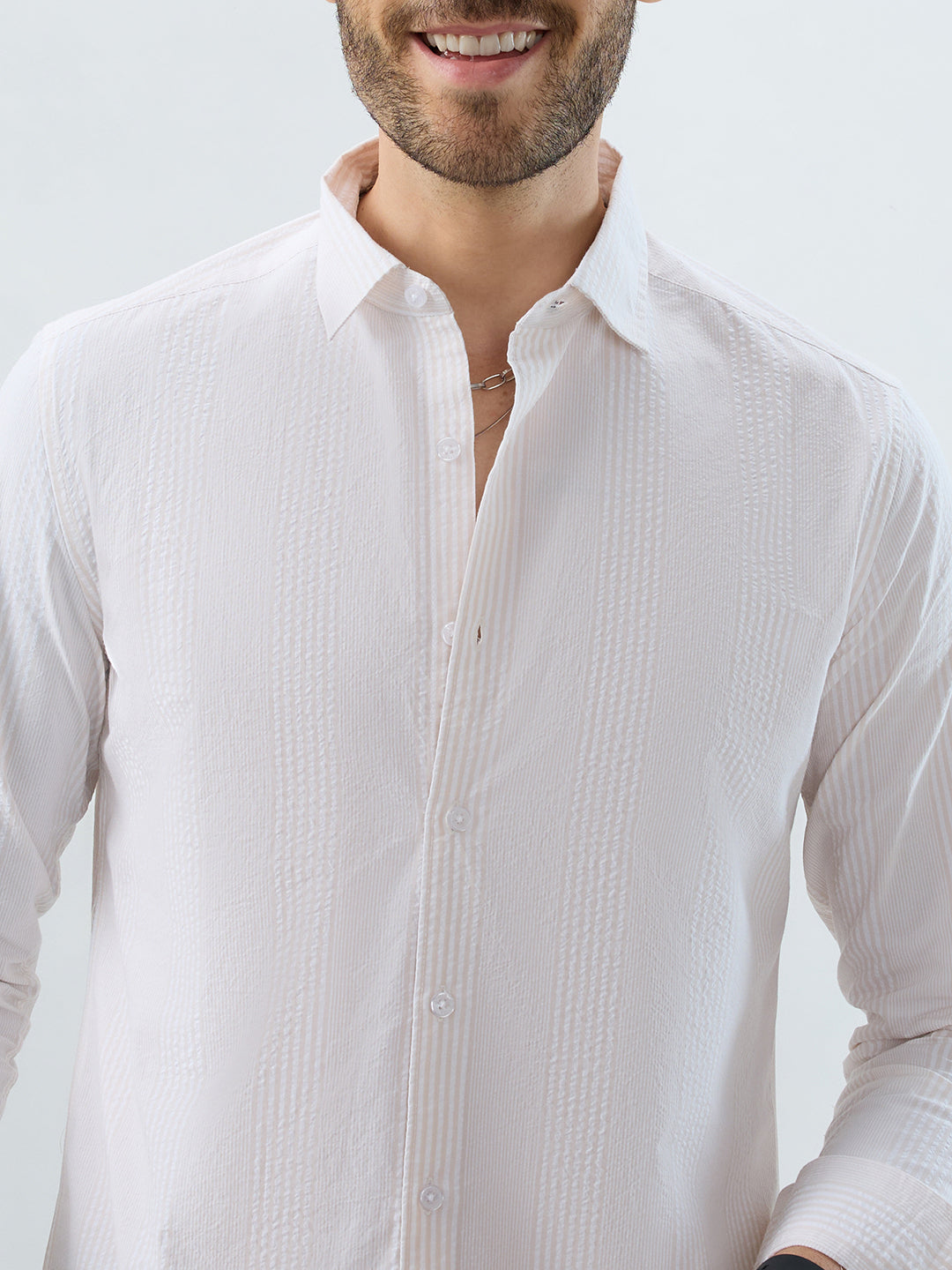 Contemporary Beige Fine Line Seersucker Executive Shirt