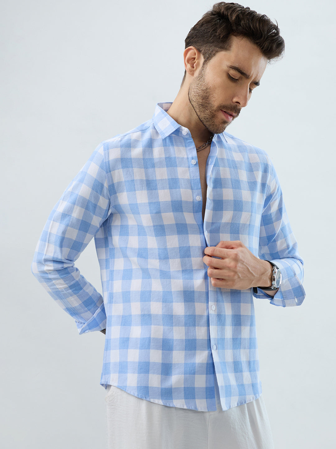 Refreshing Sky Blue Melange Gingham Checks Shirt