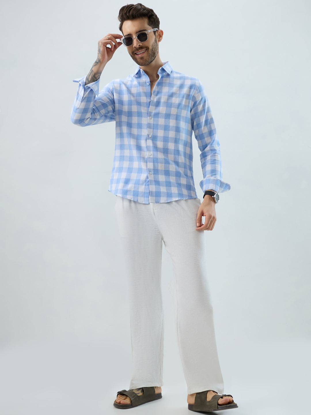 Refreshing Sky Blue Melange Gingham Checks Shirt