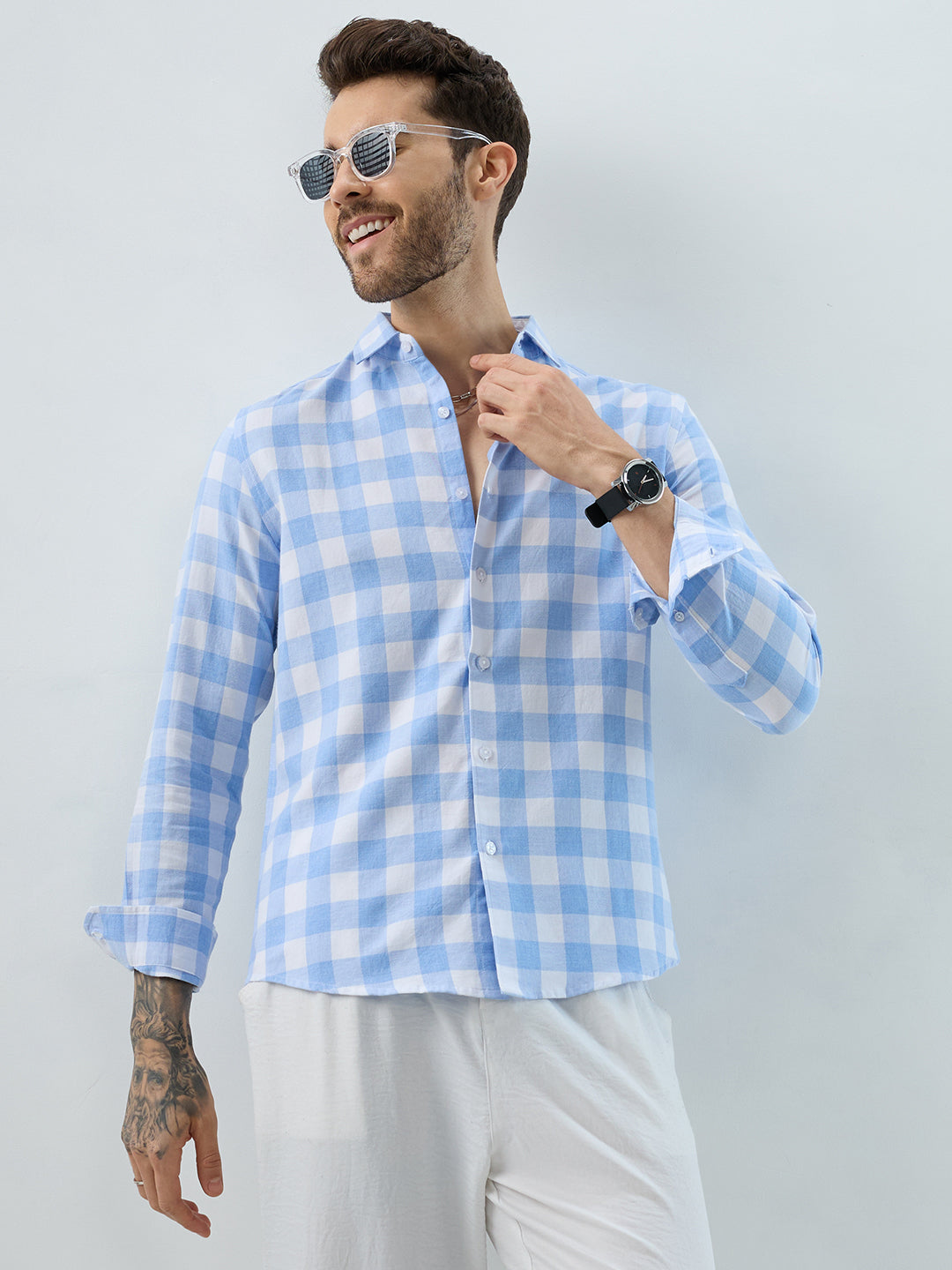 Refreshing Sky Blue Melange Gingham Checks Shirt