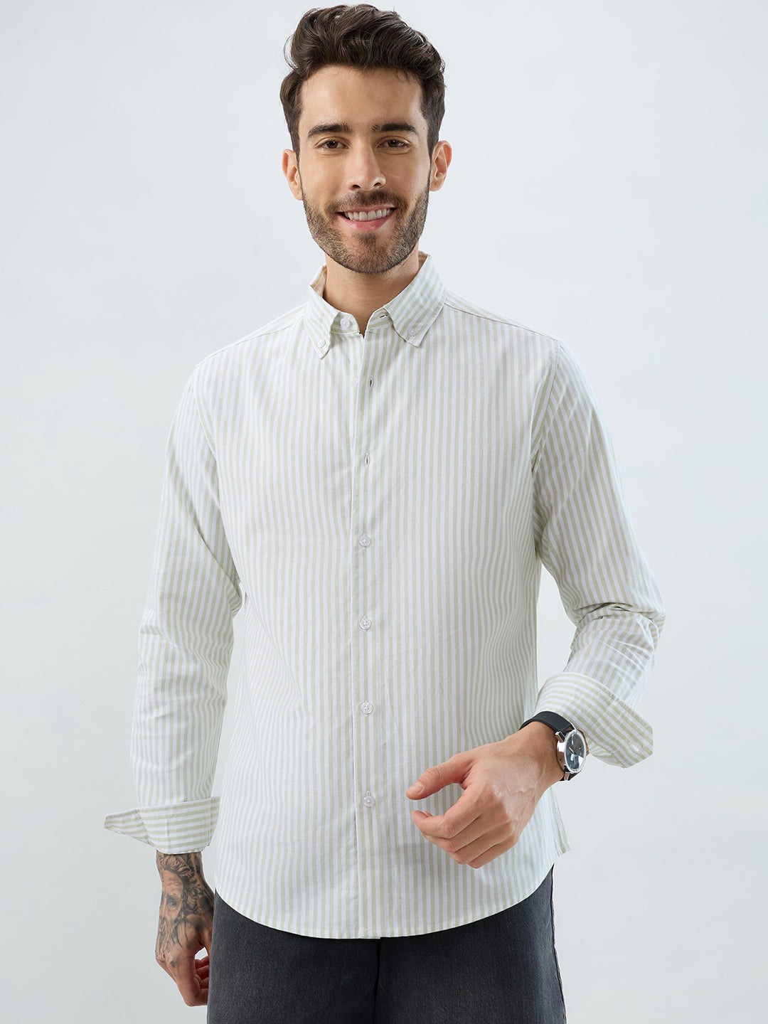 Green & White Candy Striped Oxford Button-Down Business Shirt