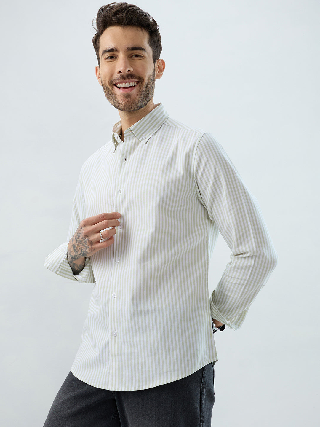 Green & White Candy Striped Oxford Button-Down Business Shirt