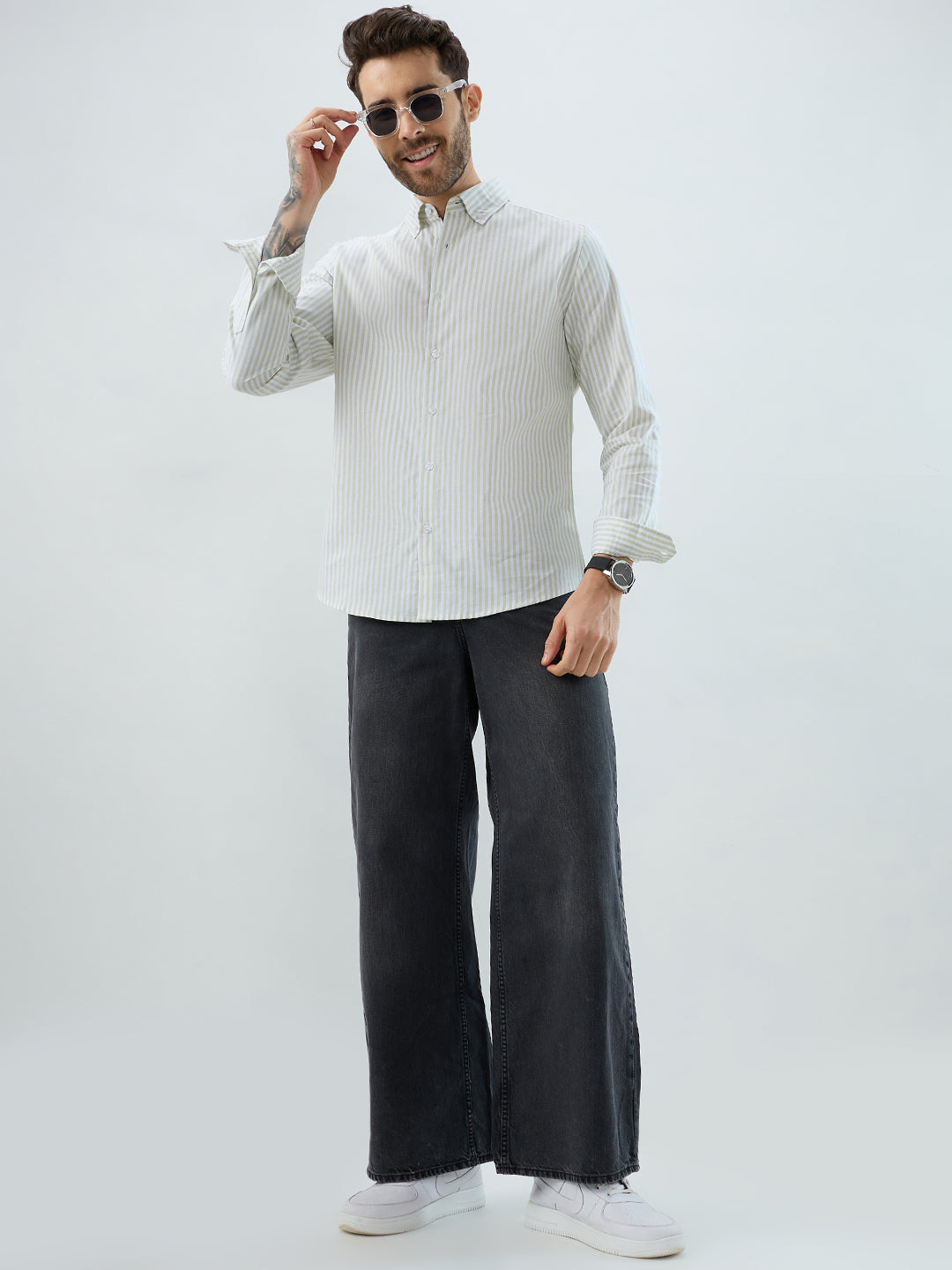 Green & White Candy Striped Oxford Button-Down Business Shirt