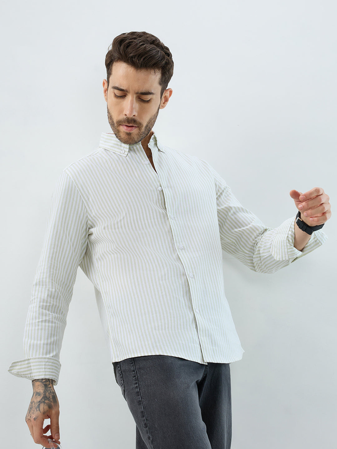 Green & White Candy Striped Oxford Button-Down Business Shirt