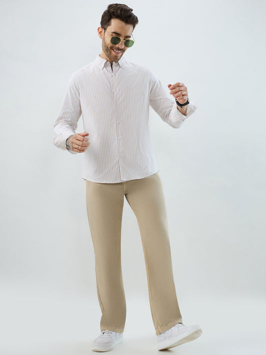 Natural Beige Candy Striped Oxford Button-Down Business Shirt