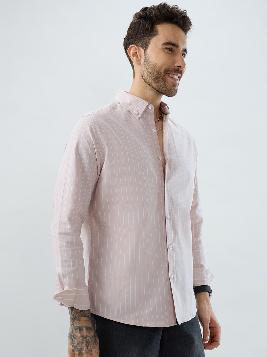 Sharp Beige Refined Pinstripe Oxford Button-Down Business Shirt