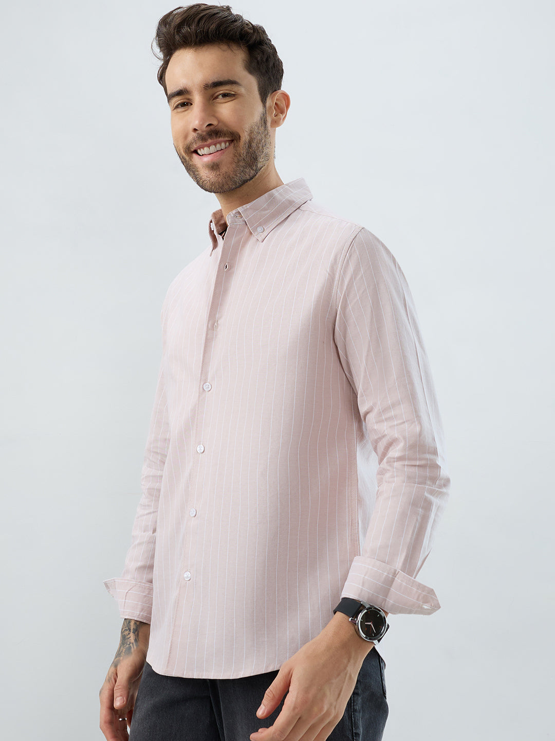 Sharp Beige Refined Pinstripe Oxford Button-Down Business Shirt