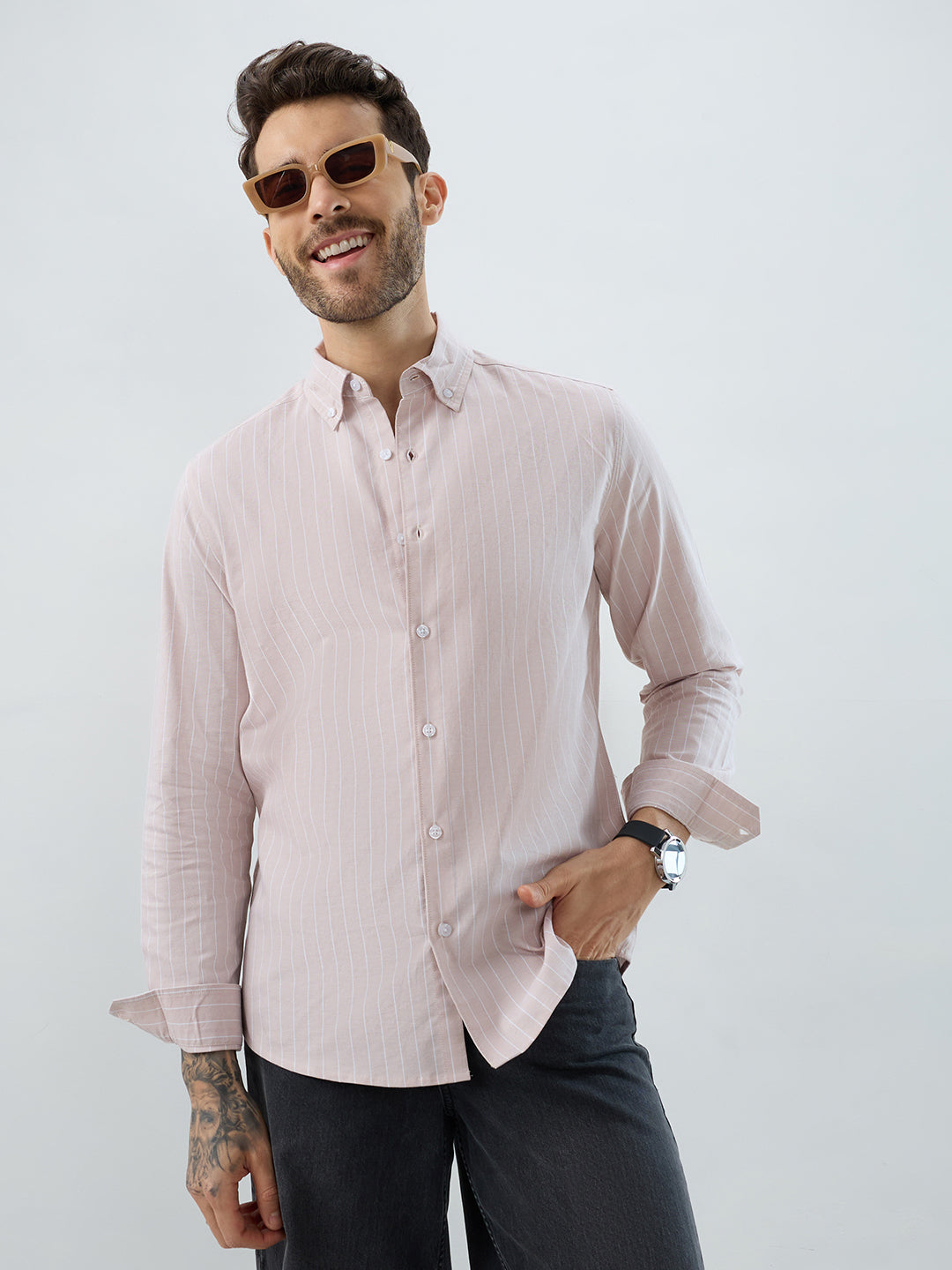 Sharp Beige Refined Pinstripe Oxford Button-Down Business Shirt