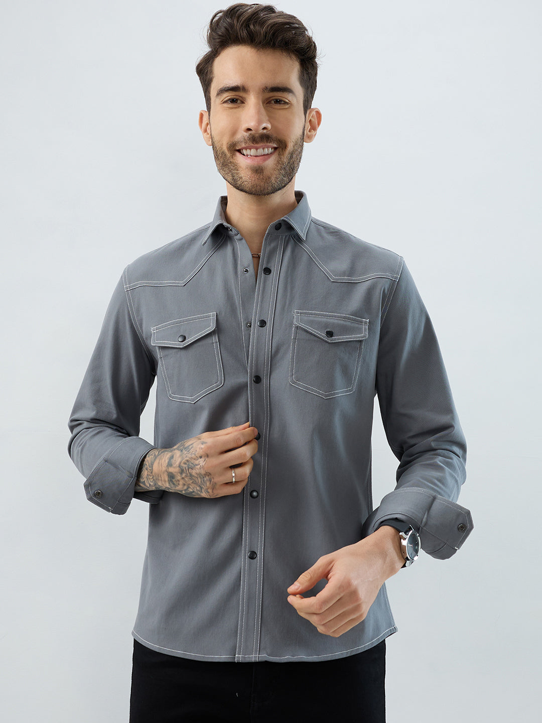 Metallic Grey Contrast Stitch Double Pocket Overshirt