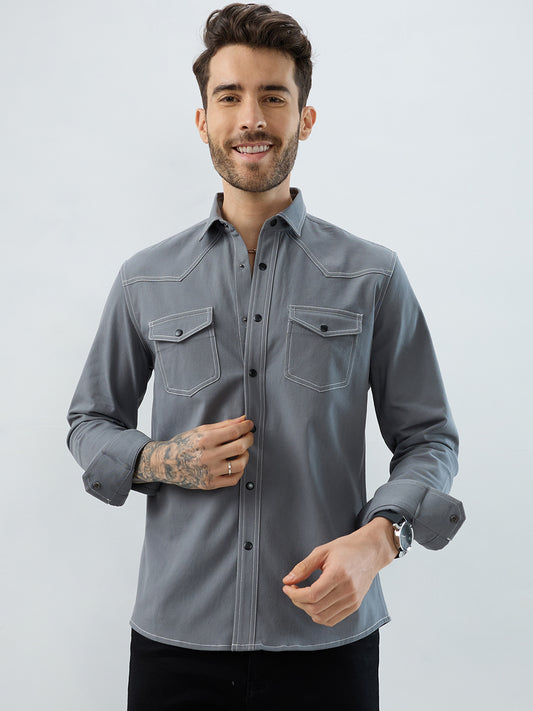 Metallic Grey Contrast Stitch Double Pocket Overshirt