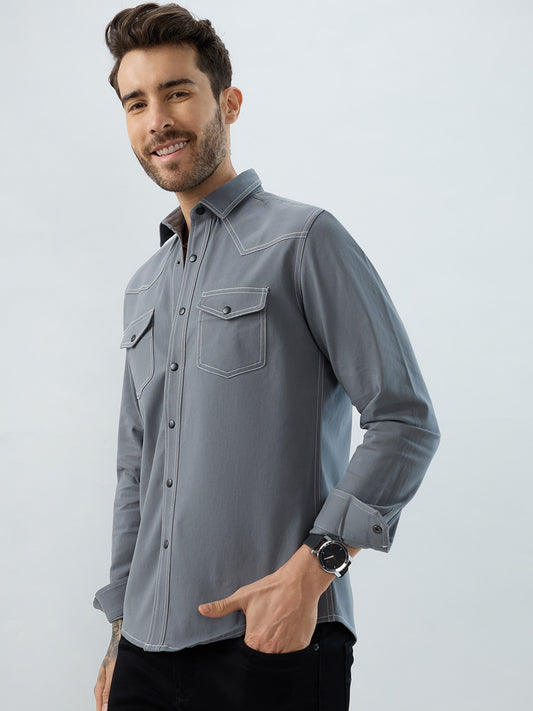 Metallic Grey Contrast Stitch Double Pocket Overshirt
