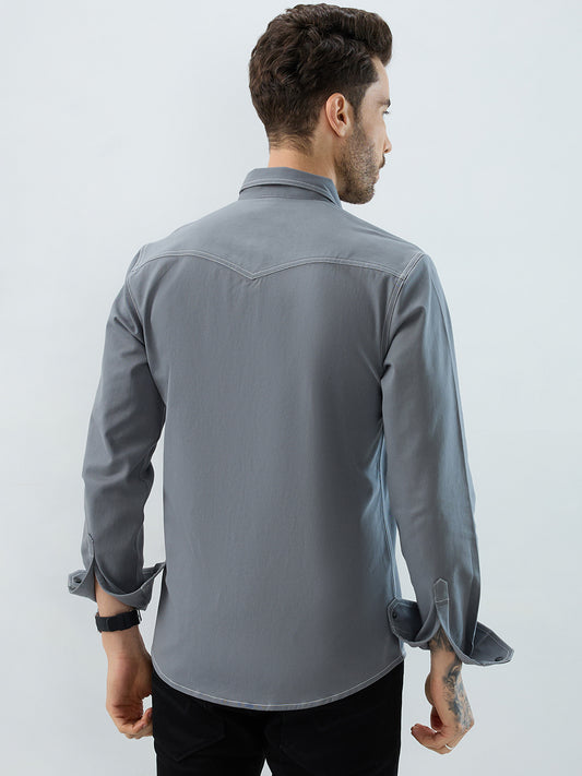 Metallic Grey Contrast Stitch Double Pocket Overshirt