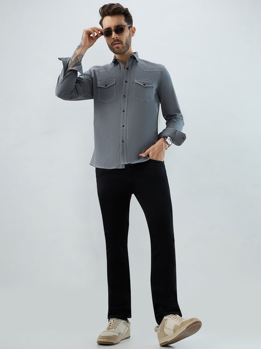 Metallic Grey Contrast Stitch Double Pocket Overshirt