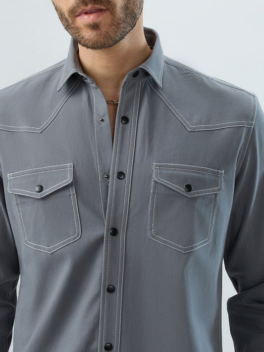 Metallic Grey Contrast Stitch Double Pocket Overshirt