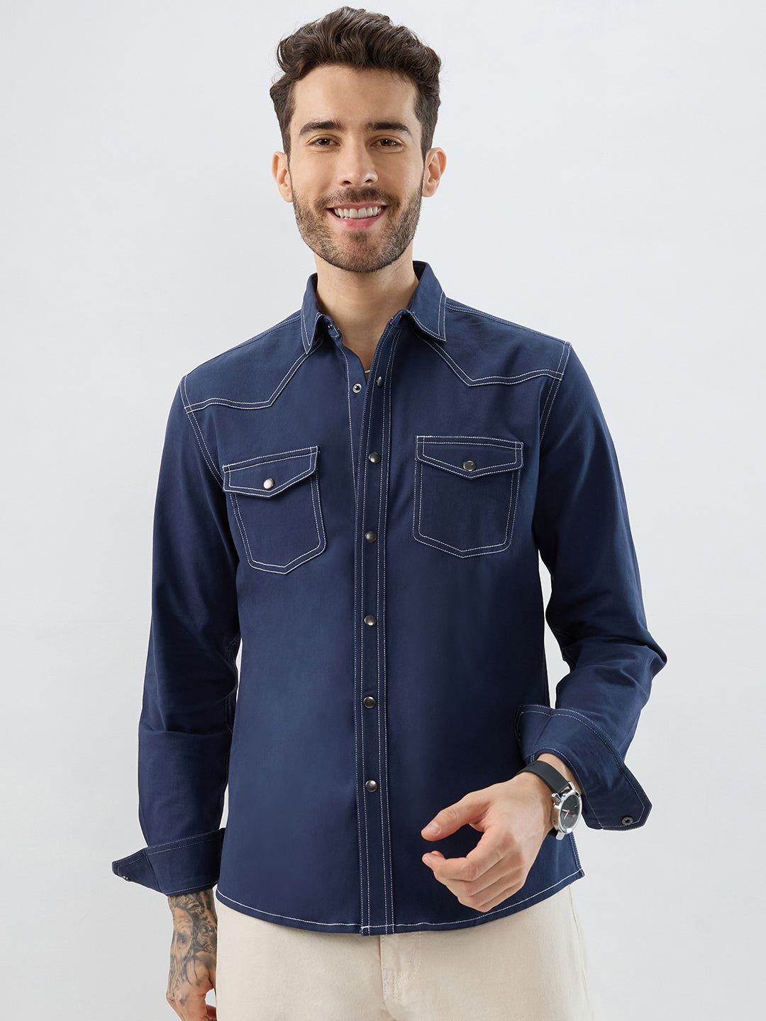 Spruce Blue Contrast Stitch Double Pocket Overshirt