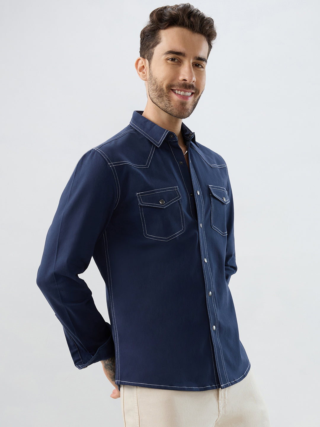 Spruce Blue Contrast Stitch Double Pocket Overshirt