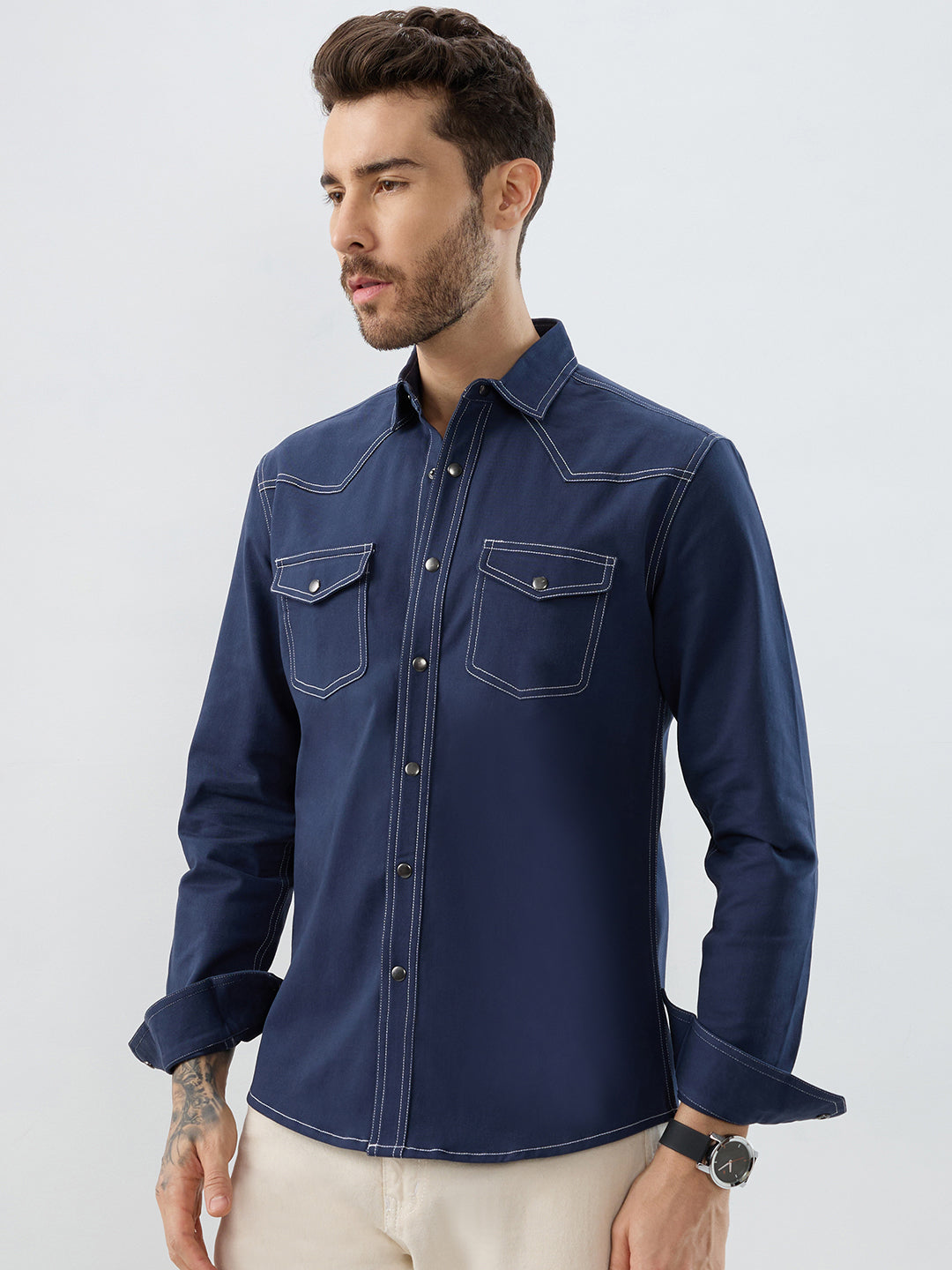 Spruce Blue Contrast Stitch Double Pocket Overshirt