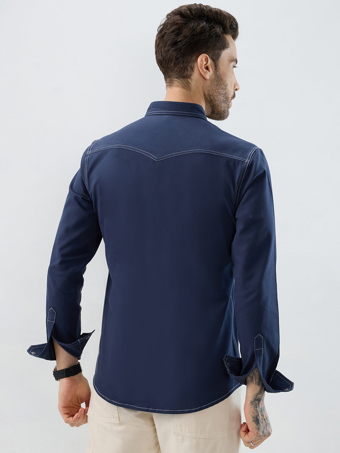 Spruce Blue Contrast Stitch Double Pocket Overshirt