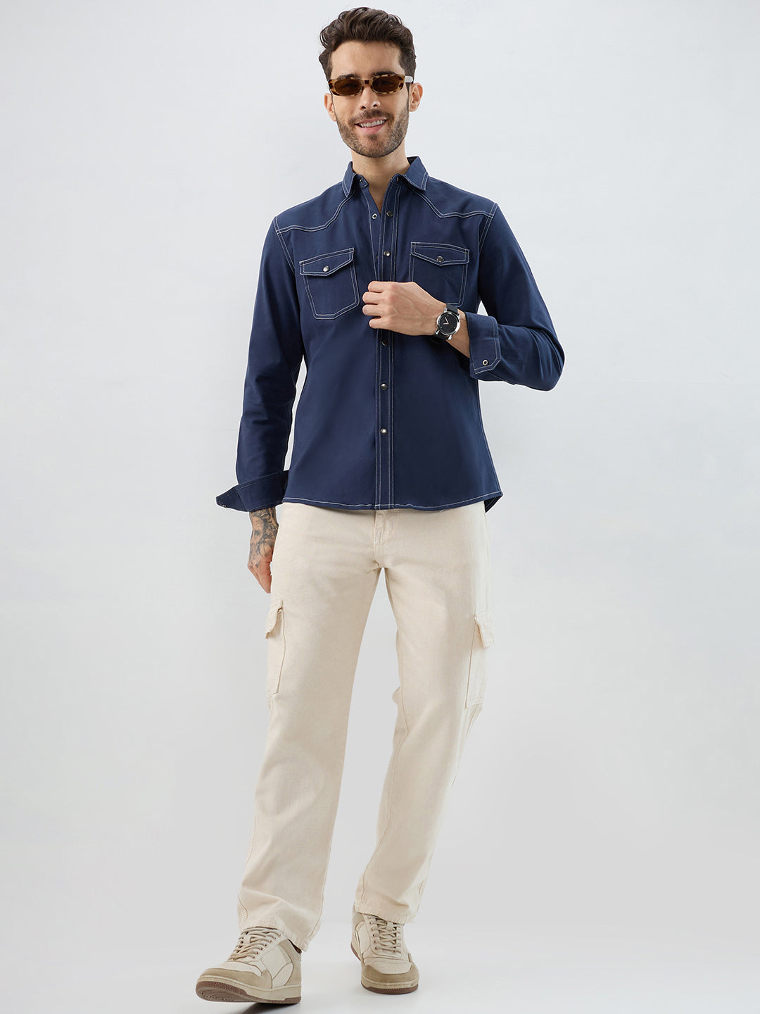 Spruce Blue Contrast Stitch Double Pocket Overshirt