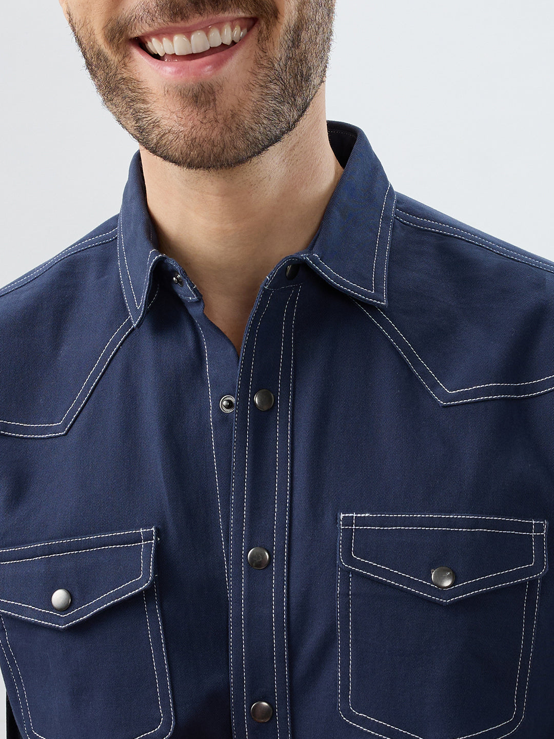 Spruce Blue Contrast Stitch Double Pocket Overshirt