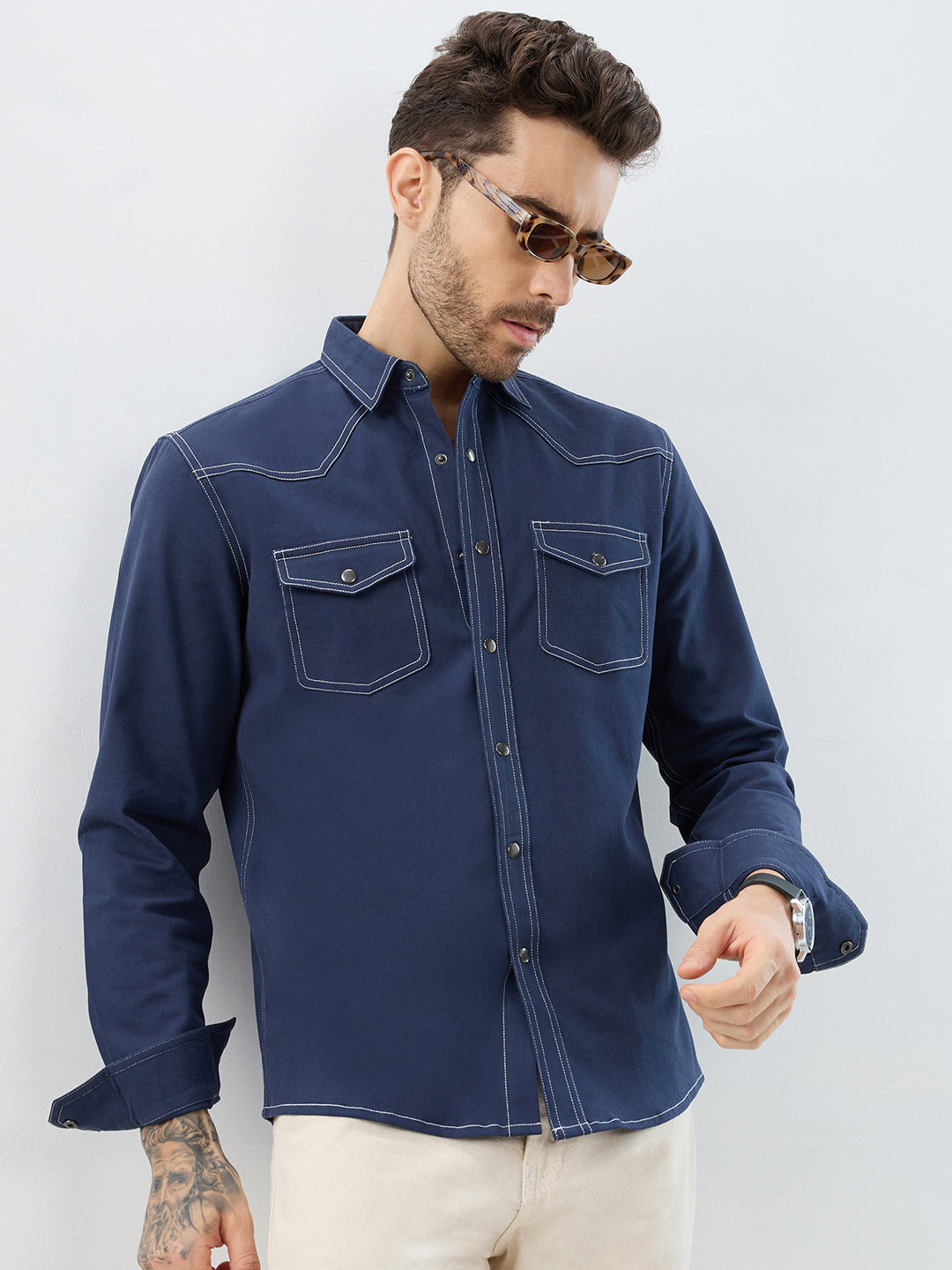 Spruce Blue Contrast Stitch Double Pocket Overshirt