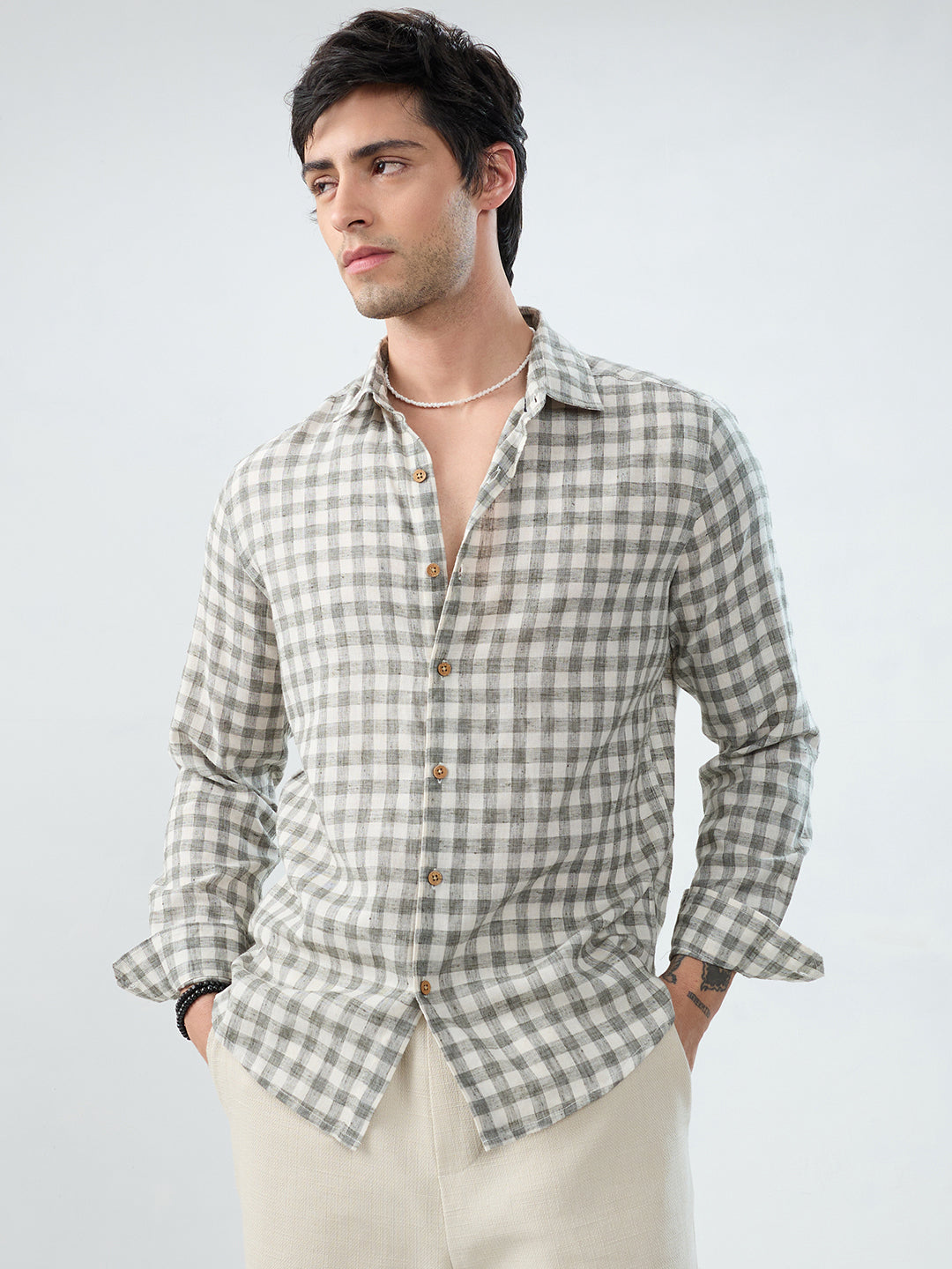 Mist Green Linen Blend Checks Shirt
