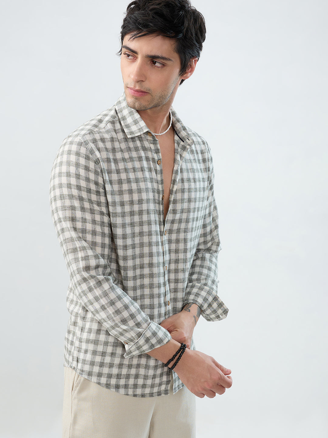 Mist Green Linen Blend Checks Shirt