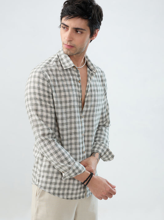 Mist Green Linen Blend Checks Shirt