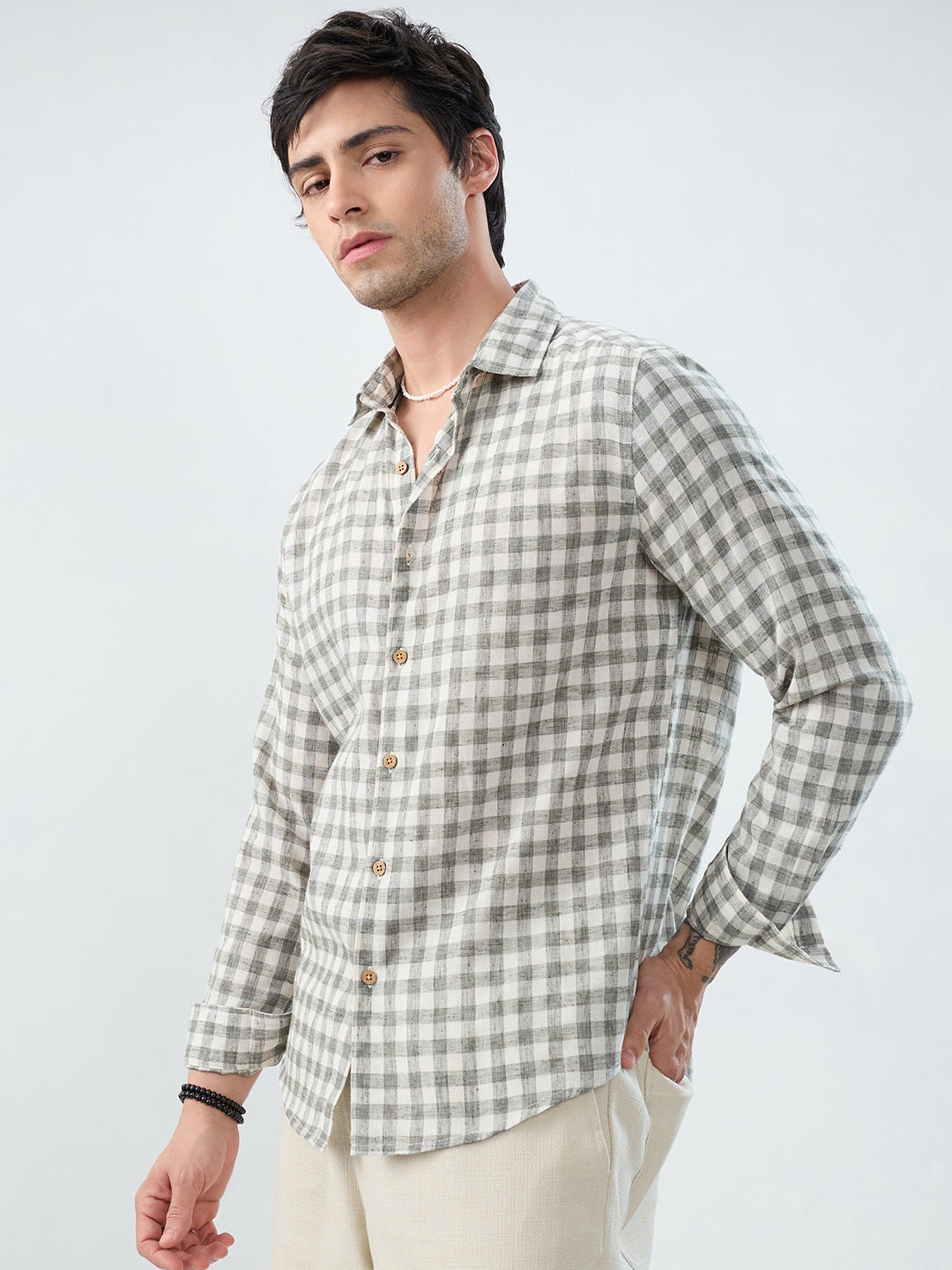 Mist Green Linen Blend Checks Shirt