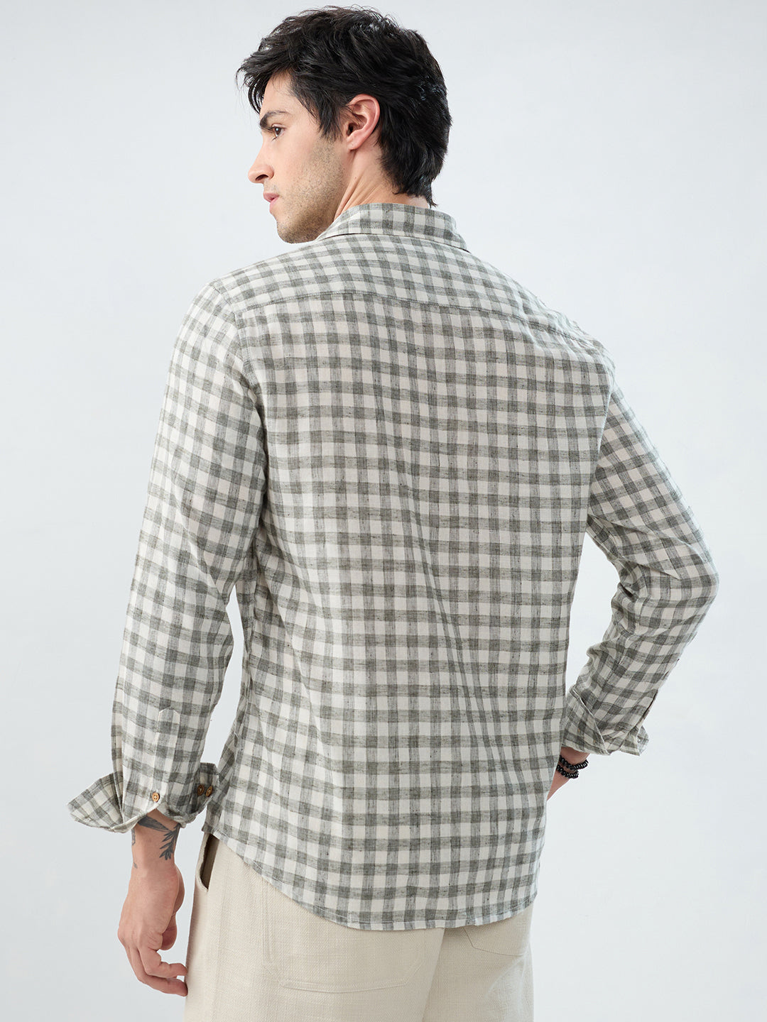 Mist Green Linen Blend Checks Shirt