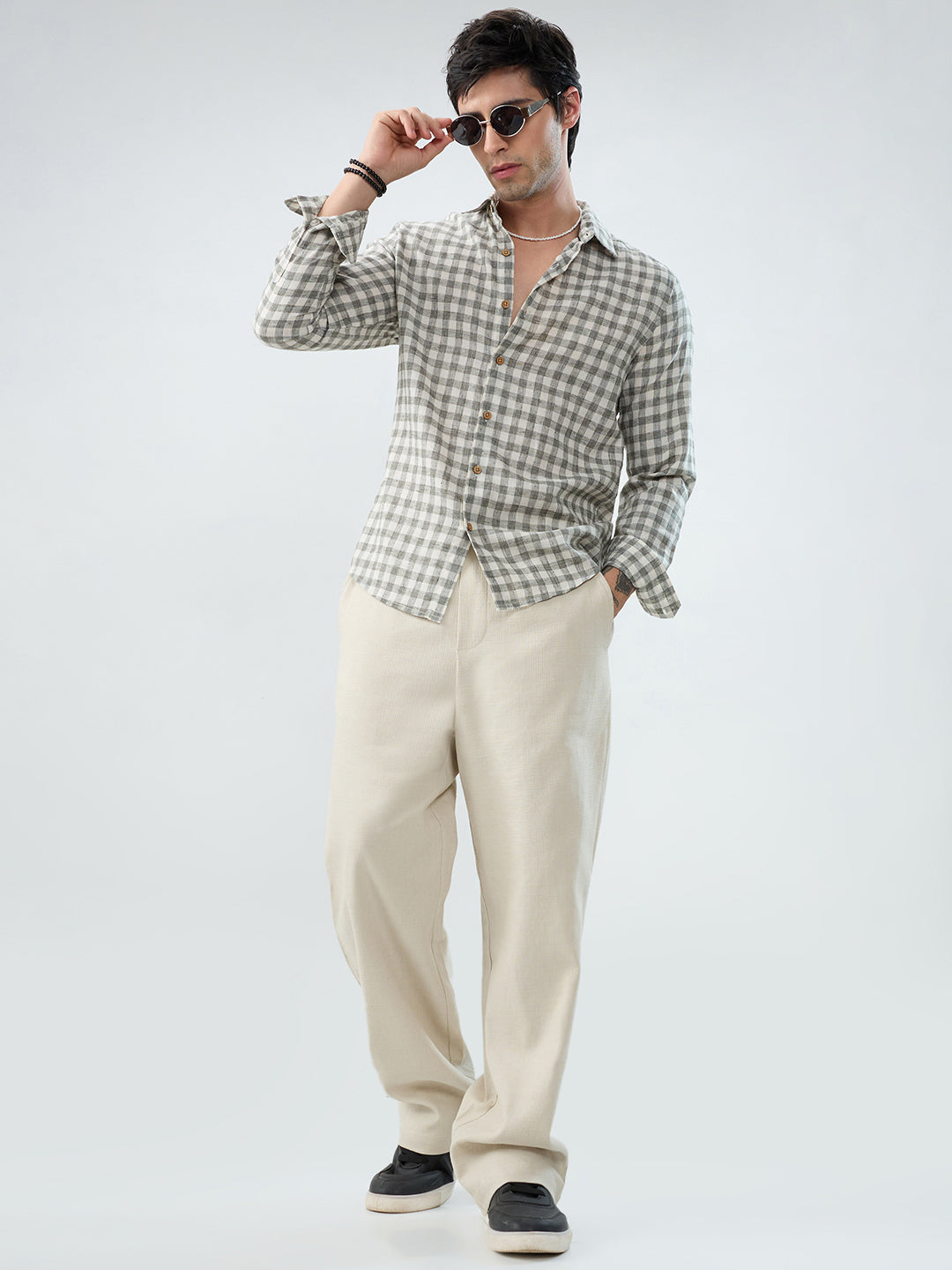 Mist Green Linen Blend Checks Shirt