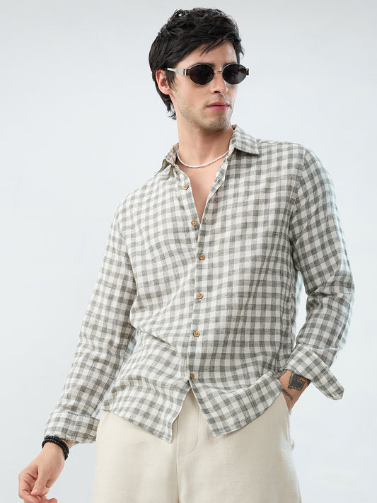 Mist Green Linen Blend Checks Shirt