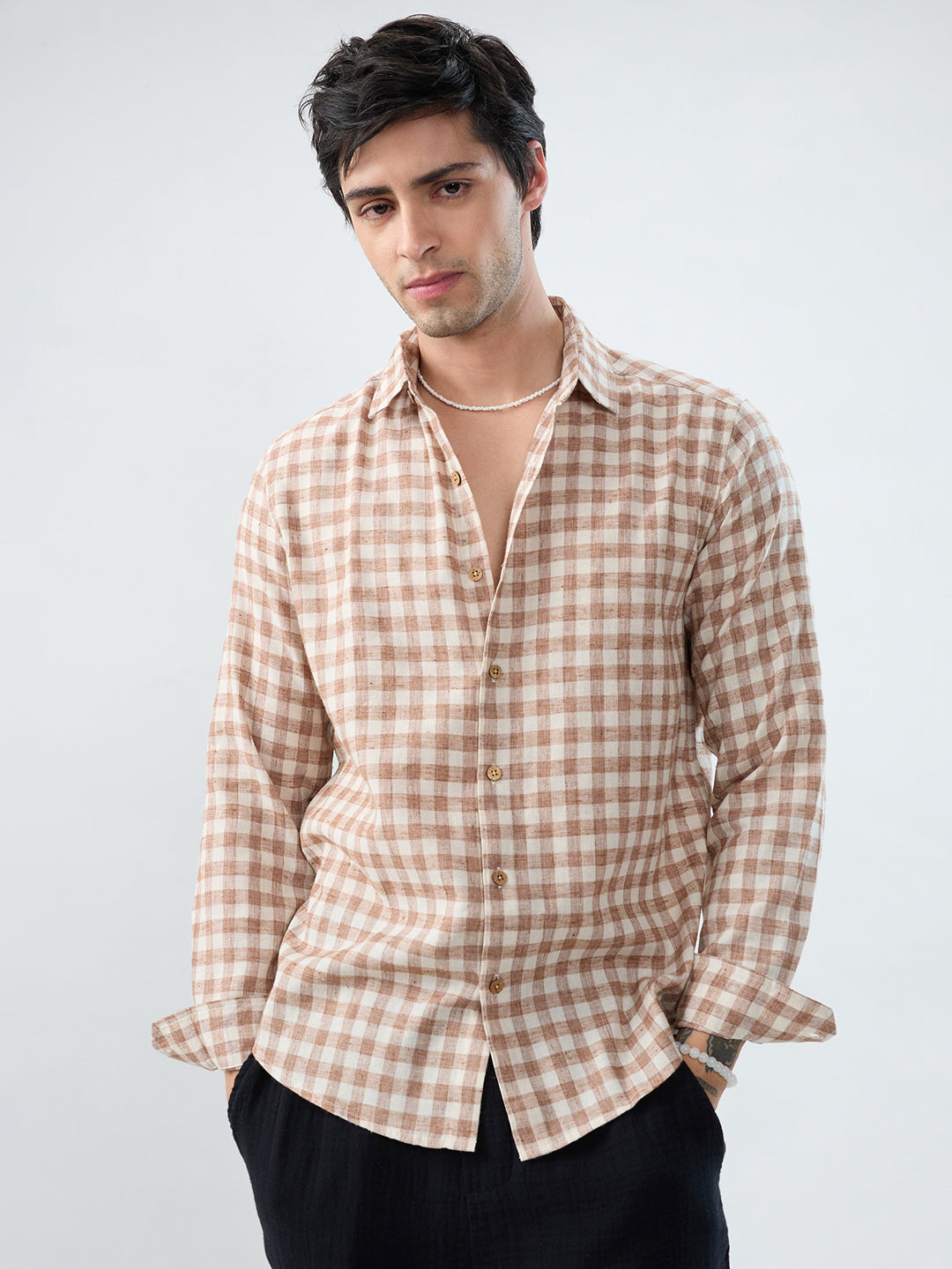 Brown Square Checks Linen Blend Shirt