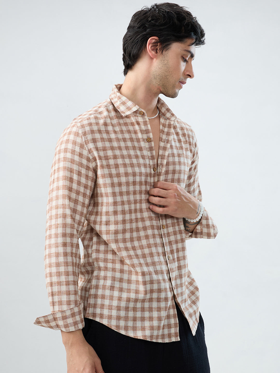 Brown Square Checks Linen Blend Shirt