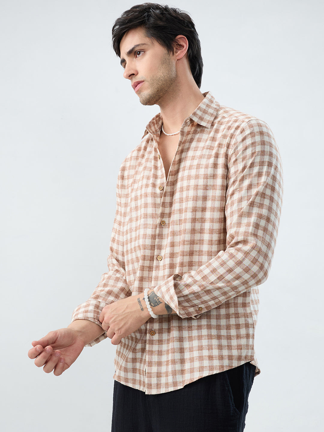 Brown Square Checks Linen Blend Shirt