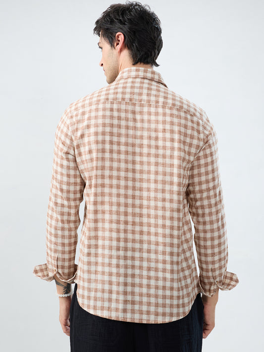 Brown Square Checks Linen Blend Shirt