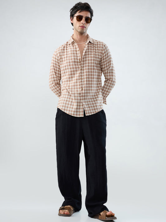 Brown Square Checks Linen Blend Shirt