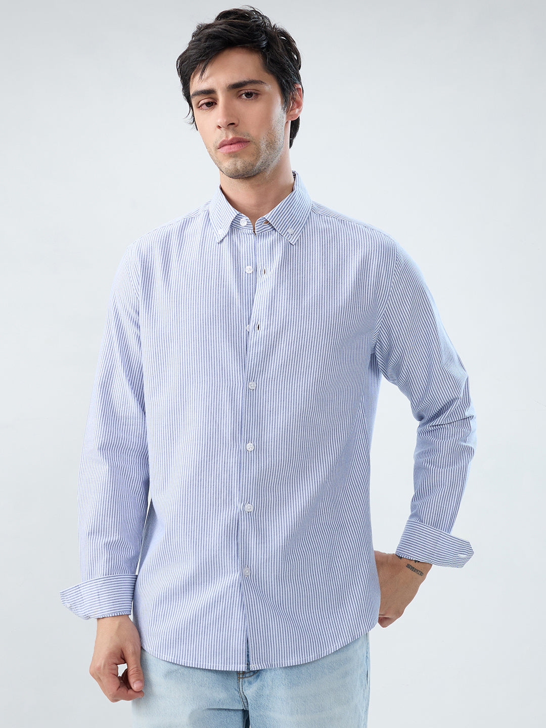 Marine Blue Pinstripe Button-Down Collar Shirt