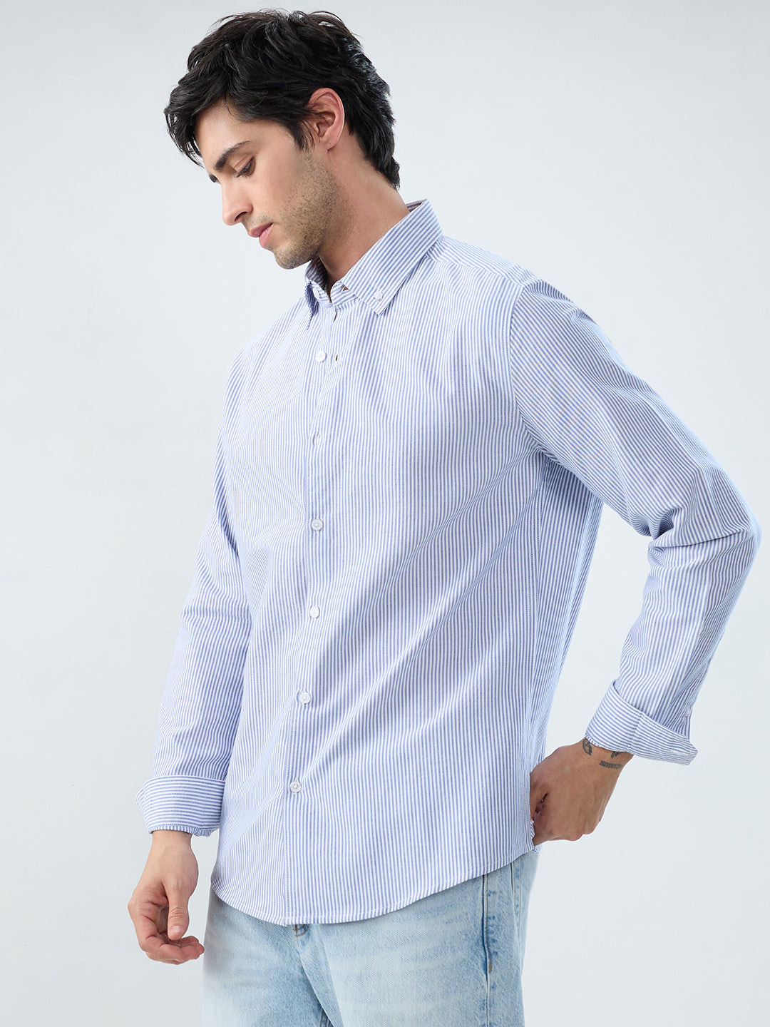Marine Blue Pinstripe Button-Down Collar Shirt