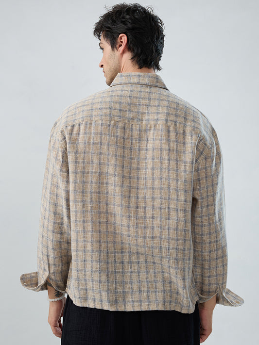 Seaside Beige Burlap Linen Blend Boxy Fit Crop Shirt