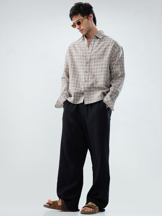Fossil Grey Window Checks Linen Blend Boxy Fit Crop Shirt