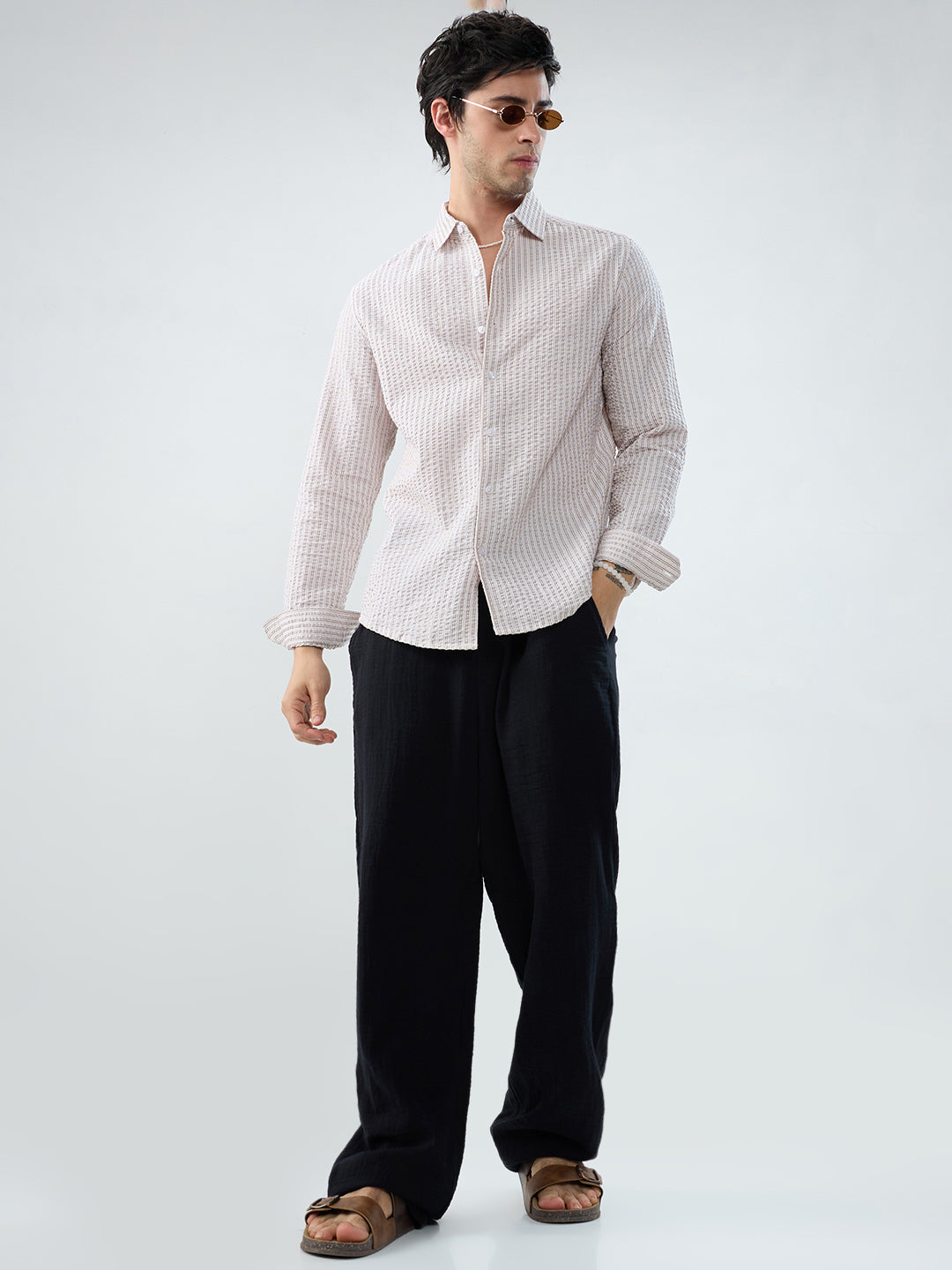 Neutral Tone Fine Stripe Seersucker Shirt