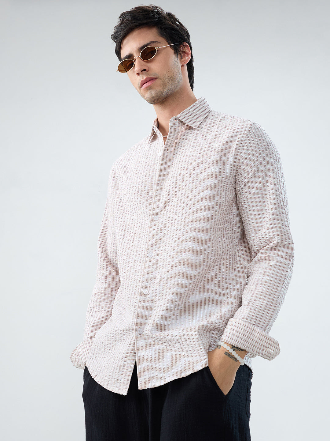 Neutral Tone Fine Stripe Seersucker Shirt