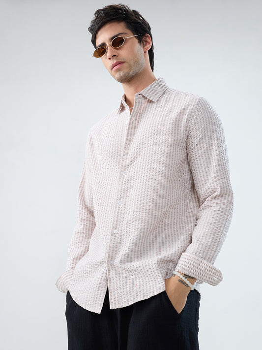 Neutral Tone Fine Stripe Seersucker Shirt