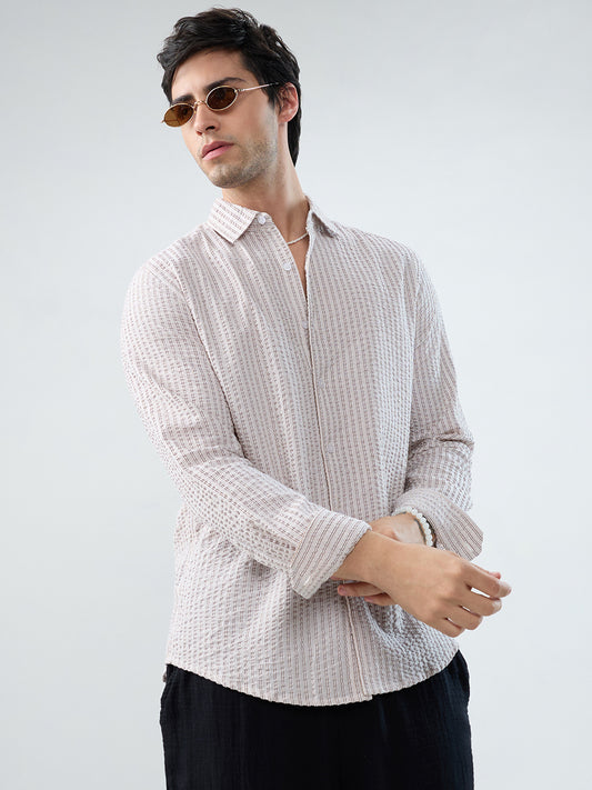 Neutral Tone Fine Stripe Seersucker Shirt