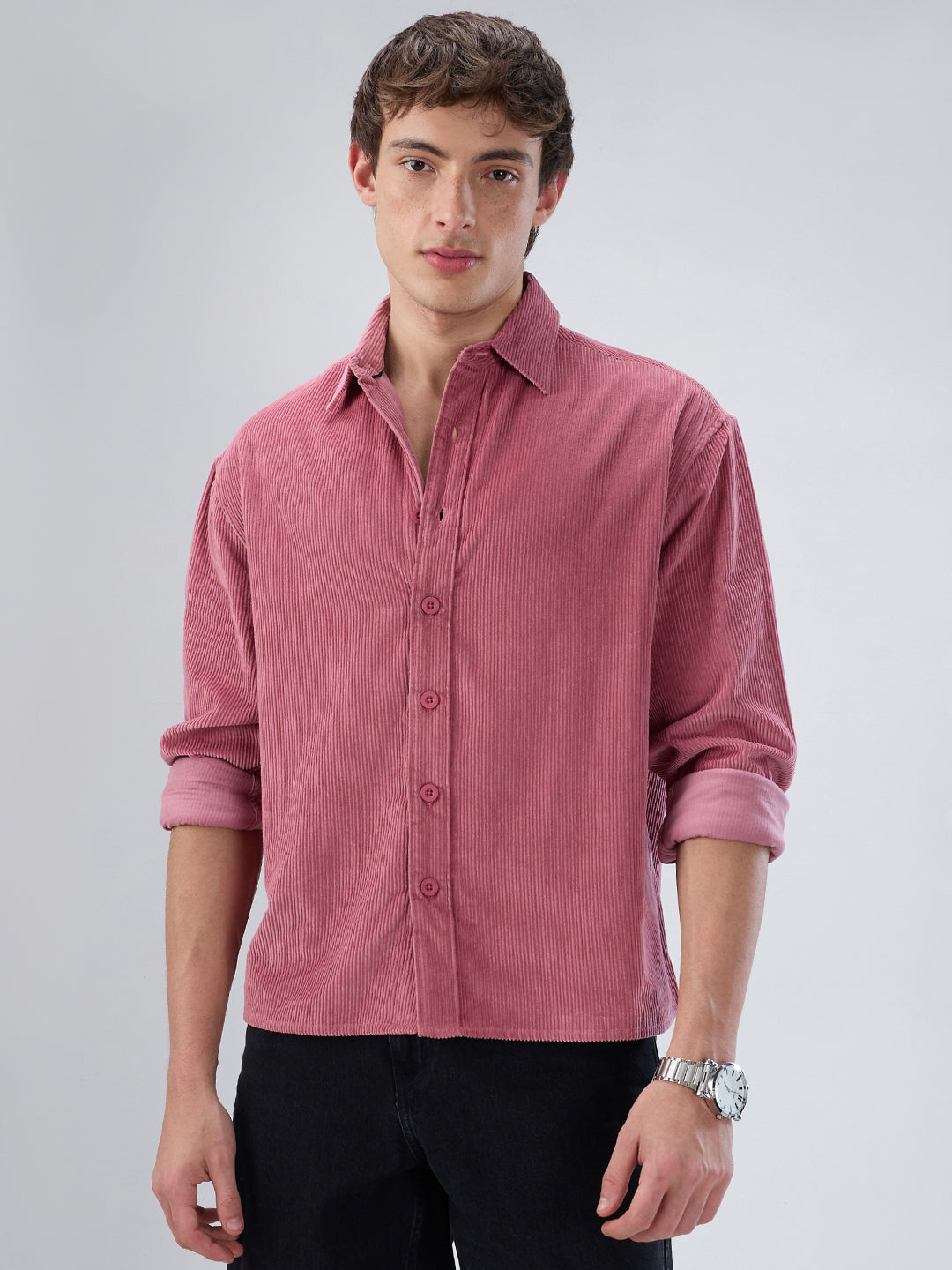 Wild Orchid Pink Corduroy Boxy Fit Crop Shirt
